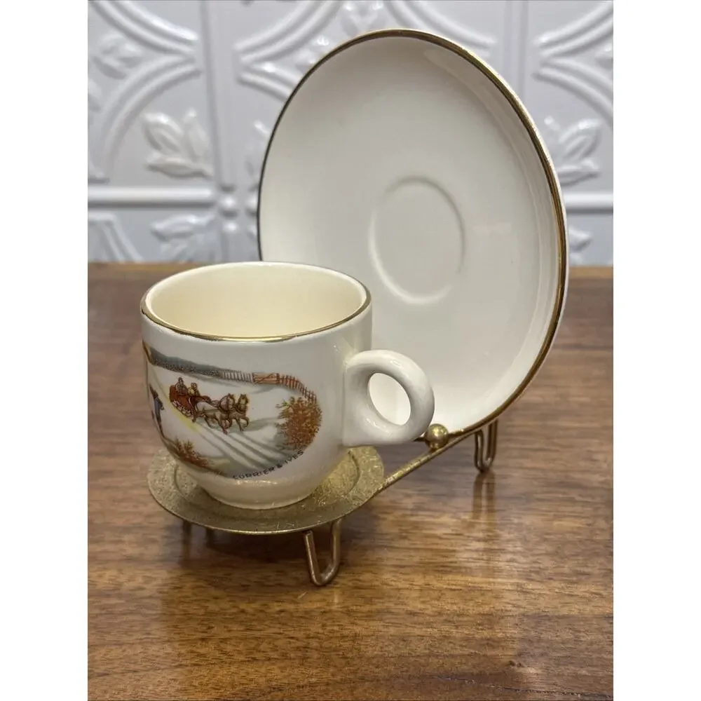 USA Demitasse Cup Saucer Currier & Ives With Display Stand Holder